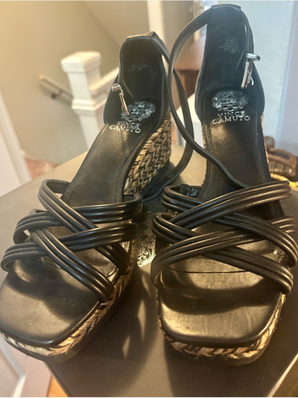 Vince Camuto Black Strappy Espadrille Wedge Sandals 9.5 M